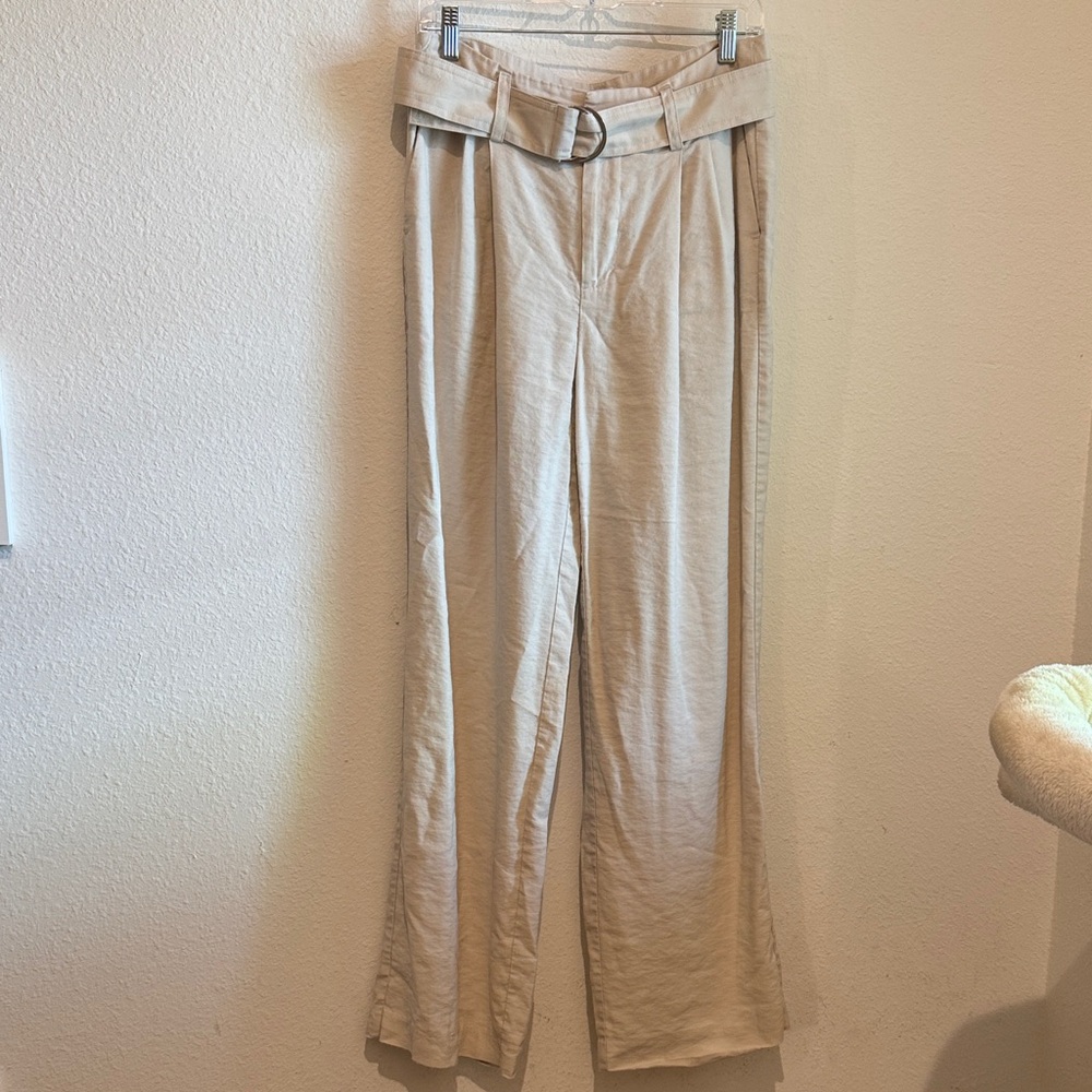 Beige High Waisted Wide-Leg Trousers with Belt